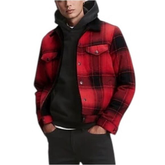 Gap Men’s Buffalo Plaid Sherpa Lined Denim Trucker Jacket Size Medium - Picture 1 of 8